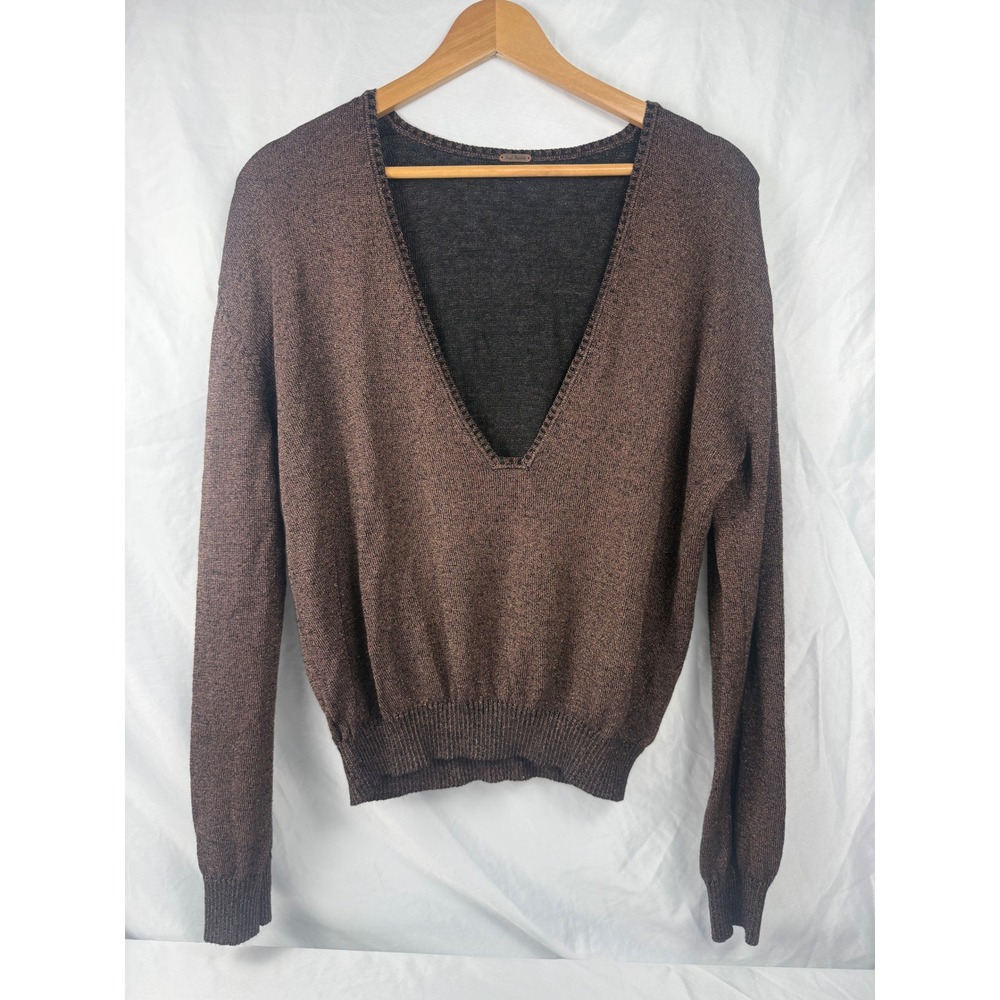 Free People Size M Metallic Brown Deep V Neck Lightweight Sweater